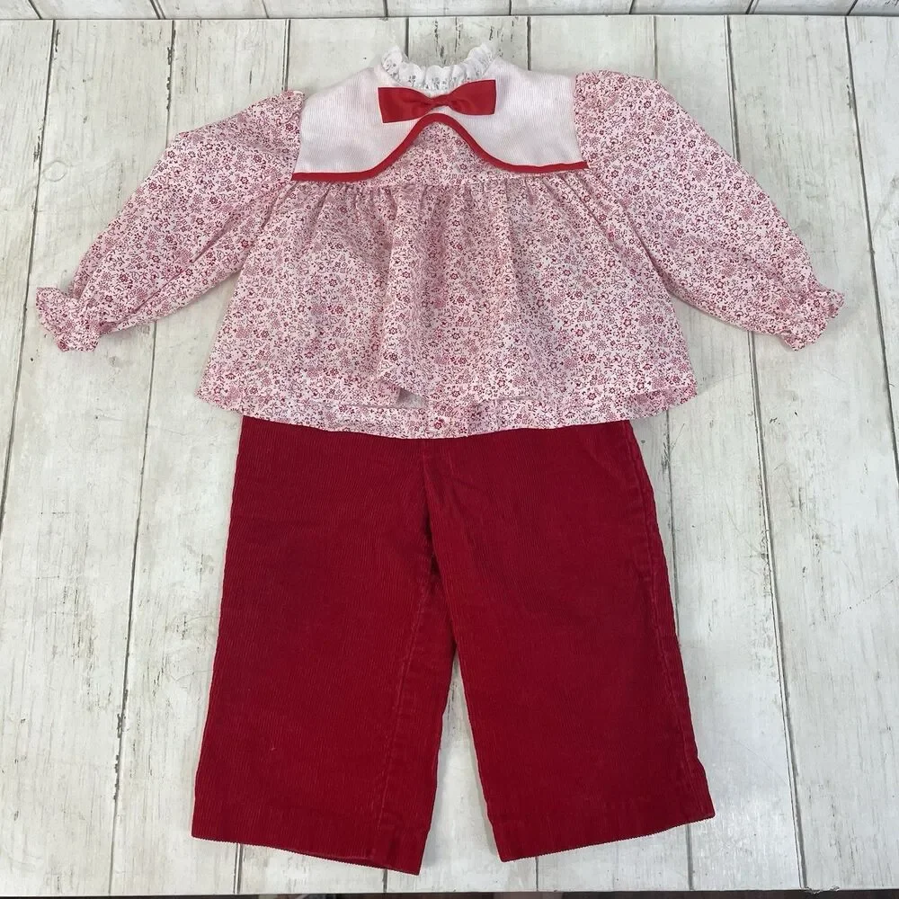Vintage 80s BABY ToddleTime JC Penny Red Corduroy pants W/ Blouse Sz 12 Months